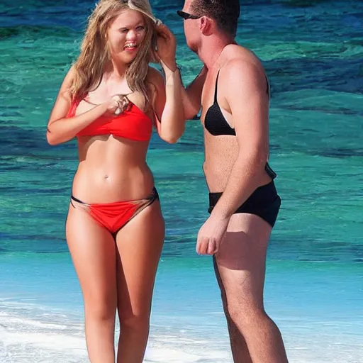 Prompt: photo of a 4 0 year old man that looks young for his age dating a very attractive 2 2 year old woman wearing a bikini. he was 1 8 when she was a newborn baby