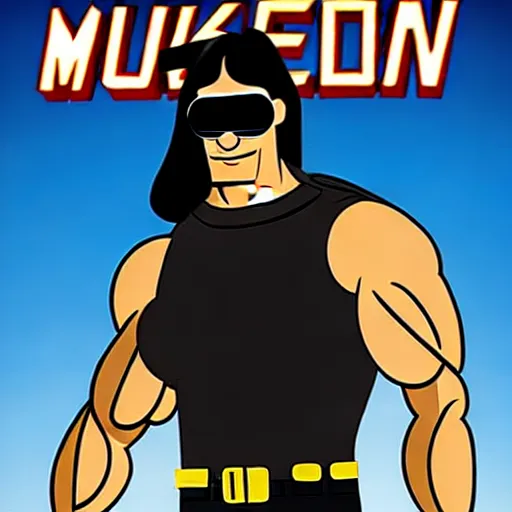 Image similar to muscular man, black vest with no shirt underneath, goggles around his neck, cargo pants, ammo belt, holding a blaster, long black hair in a ponytail, five o' clock shadow, comic book art, full body shot