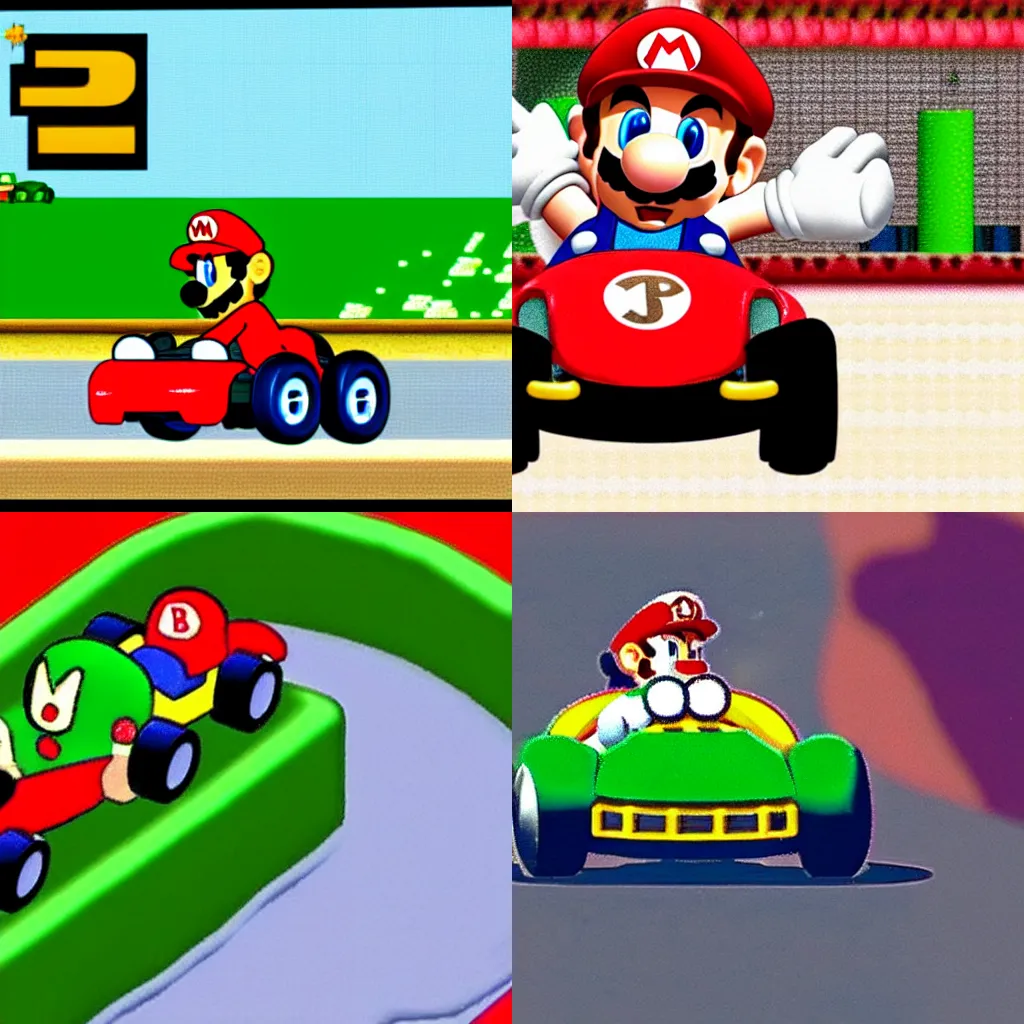 Prompt: Mario on a Bugatti in Super Mario Kart