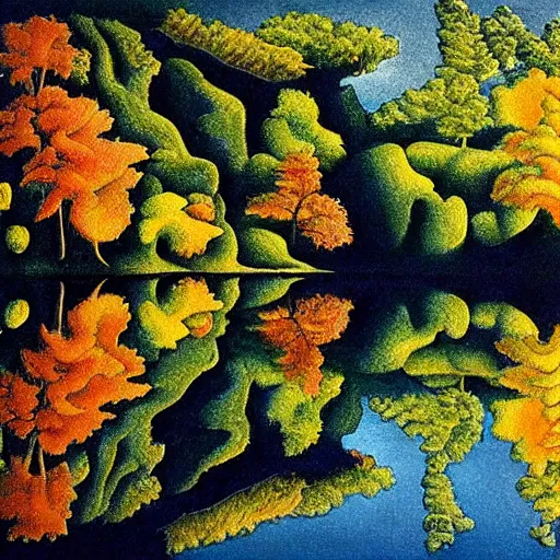 Image similar to escher painting of a lake, big trees reflecting on lake surface, ultra sharp, ultra detailed, colorized by salvador