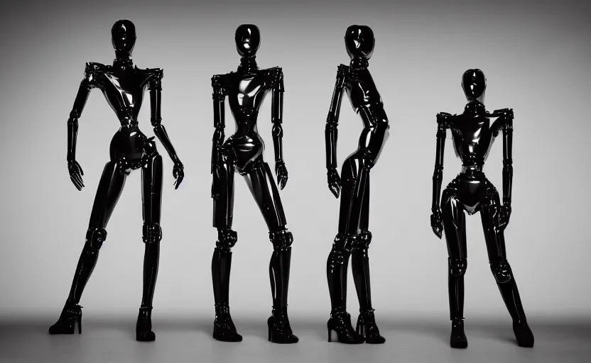 Image similar to gleaming black construction robots designed by alexander mcqueen, award winning fashion photography, beautiful soft lighting