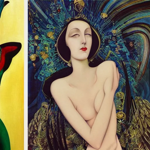 Image similar to a oil painting painting of a portrait of a queen of ecstasy, an art deco painting by Patrick Nagel, by Georgia O Keeffe, by Yoshitaka Amano, by Gustave Moreau, art deco, matte drawing, storybook illustration, tonalism, realism