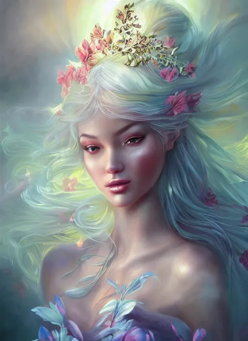 Prompt: a gorgeous flower princess portrait by artgerm , digital painting, beautiful lighting, mystical, detailed flowers, 🌺 cgsociety