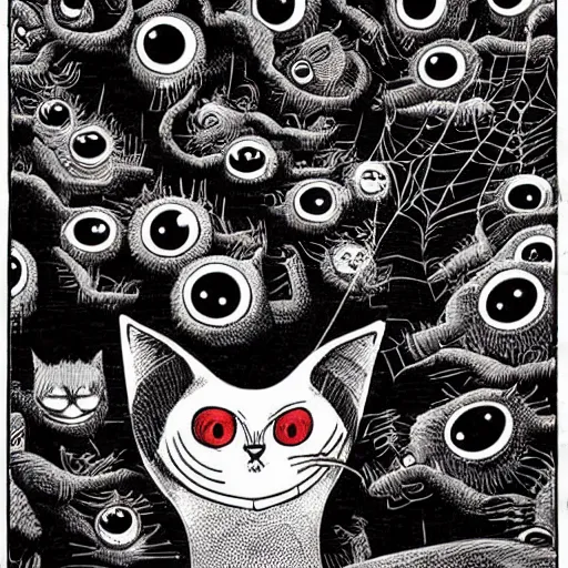 Image similar to a giant deformed cat with spider legs and a thousand eyes, by junji ito.