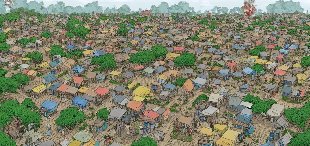 Image similar to a photorealistic digital illustration of a shady shanty town by Studio Ghibli and Herge