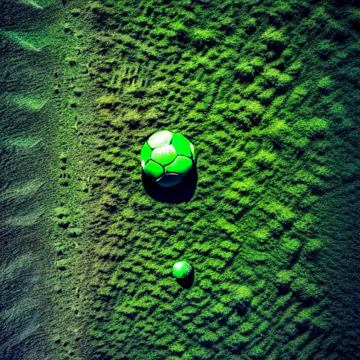 Image similar to a photography of a green soccer pitch on the moon, extreme long shot