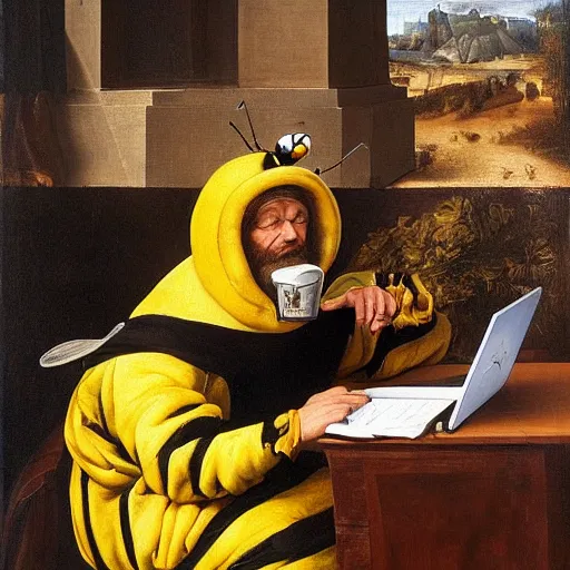 Image similar to tired man in a bumblebee costume drinks coffee in front of a laptop, highly detailed, masterpiece, renaissance, oil on canvas