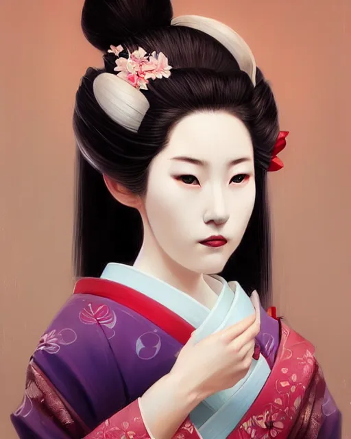 Prompt: Beautiful Geisha Portrait, character portrait art by Mandy Jurgens, 4k portrait, magical mood from japan, cgsociety