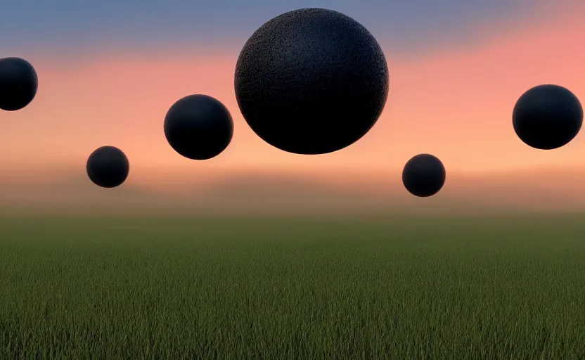 Prompt: giant black liquid blobs flying through a grass field, enigmatic scene, dusk, sunrise, still from a 2001 pixar movie, 4k, high quality wallpaper