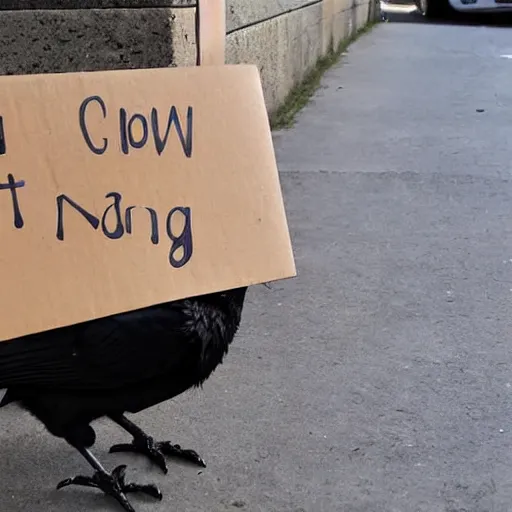 Prompt: a photo of a crow begging for peanuts with a handwritten cardboard sign.