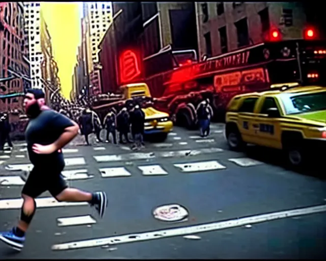 Image similar to [ 1 6 k ] a ginourmous fat behemoth putrid rotting smelly man stomping over new york city. terrorist attack. people running for their lives
