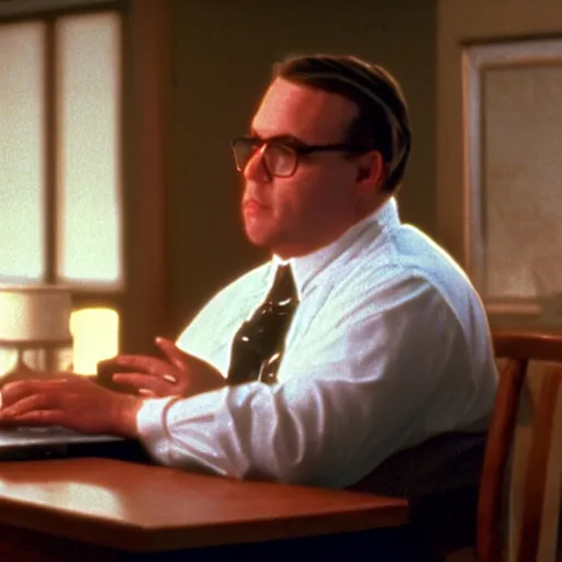 Prompt: clean - shaven chubby white man wearing a shirt and necktie sitting at a desk, 1 9 8 9 movie still, cinematography, cinematic lighting