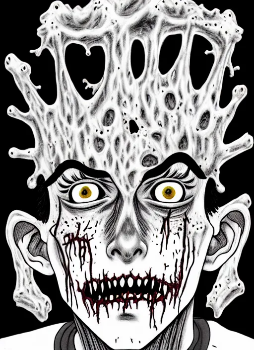 Image similar to junji ito style portrait of zombie teenage jughead jones wearing a light grey crown, zombie, crown, rotting skin, blind eyes, white eyes, crown, black hair, intricate, highly detailed, illustration, art by junji ito