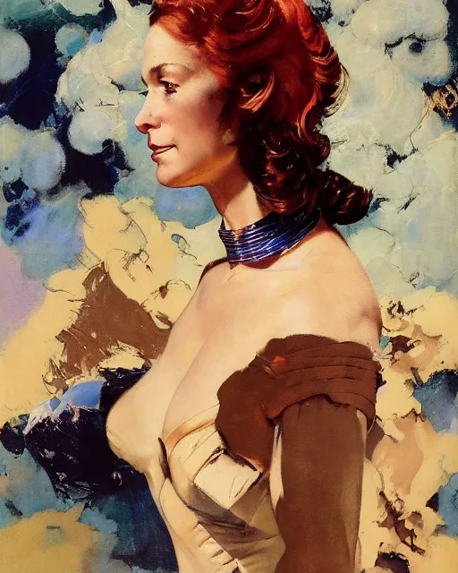 Image similar to head portrait of elegant striking mature space woman, dynamic, by norman rockwell, roberto ferri, daniel gerhartz, edd cartier, jack kirby, howard v brown, ruan jia, tom lovell, frank r paul, dean cornwell, astounding stories, amazing, fantasy, other worlds