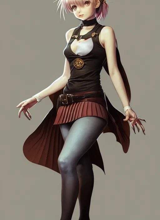 Image similar to portrait of a full body of beautiful young female detective, d & d, sleeveless turtleneck, pleated skirt, fantasy, flat lighting, intricate, highly detailed, digital painting, artstation, concept art, smooth, sharp focus, illustration, misa amane, art by simon bisley and greg rutkowski and alphonse mucha, natural tpose