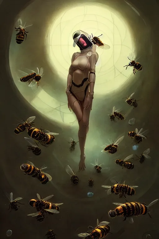 Image similar to fantasy beekeeper, stunning woman, wearing nanotech honeycomb robe, silky, surrounded by bees, futuristic, sci-fi, cinematic, greg rutkowski, peter mohrbacher