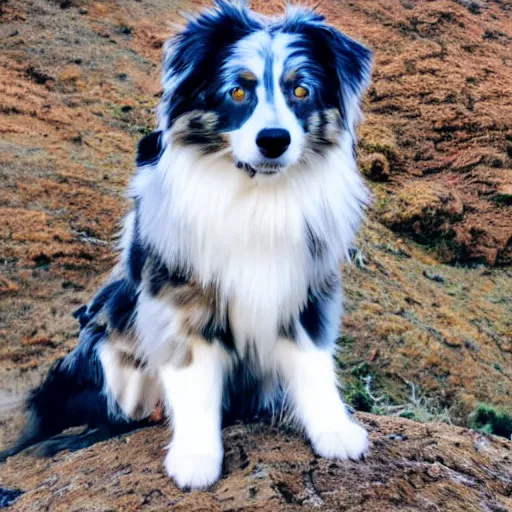 Image similar to blue Merle Australian shepard on top of a mountain