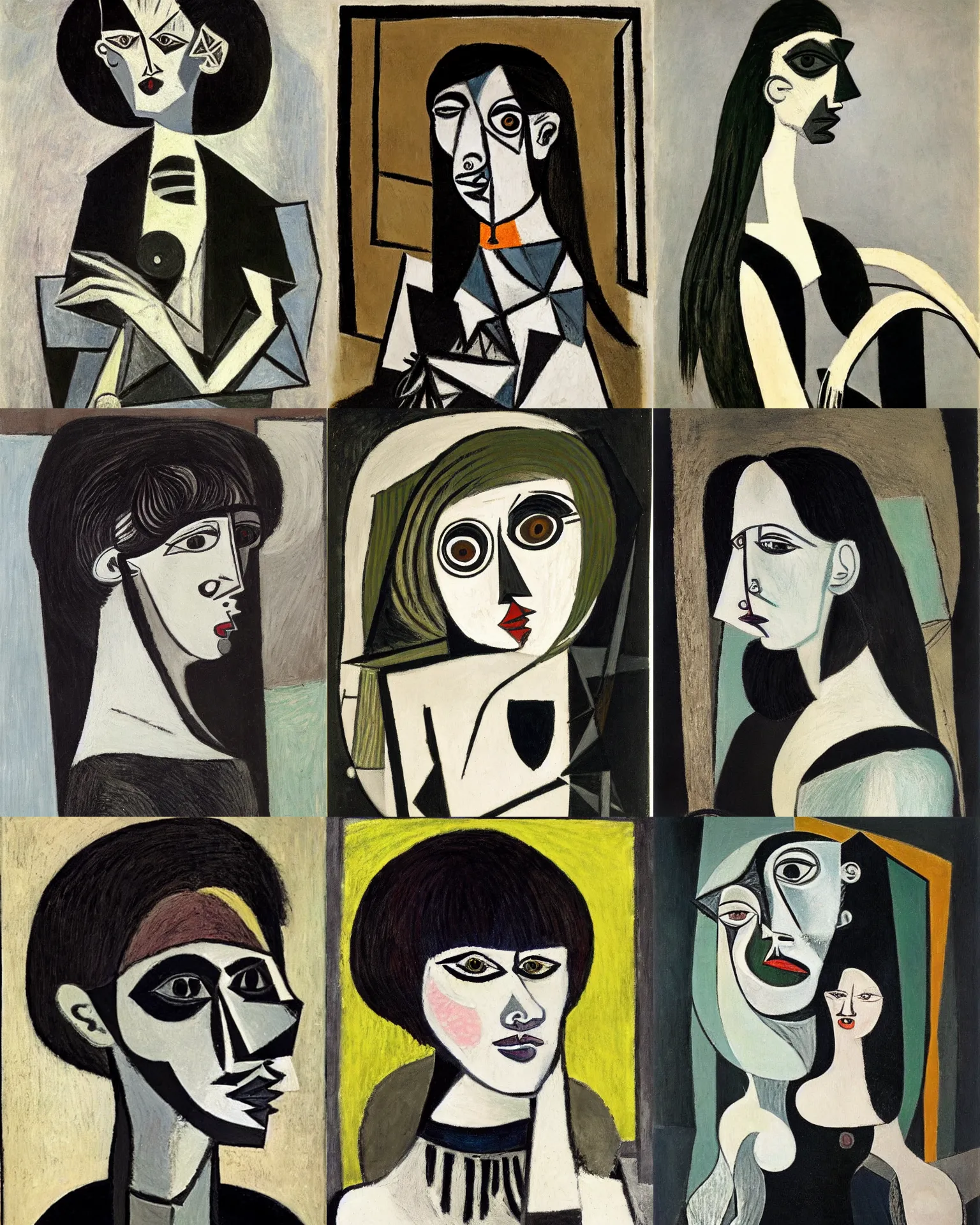 Prompt: a portrait of a goth painted by Pablo Picasso. Her hair is dark brown and cut into a short, messy pixie cut. She has a slightly rounded face, with a pointed chin, large eyes with pitch black sclerae, and a small nose. She is wearing a black tank top, a black leather jacket, a black knee-length skirt, a black choker, and black leather boots.