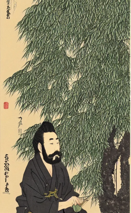 Image similar to by akio watanabe, manga art, a male calligrapher sitting on chair with brown hair and beard, willow tree and hill, trading card front, kimono, realistic anatomy, sun in the background