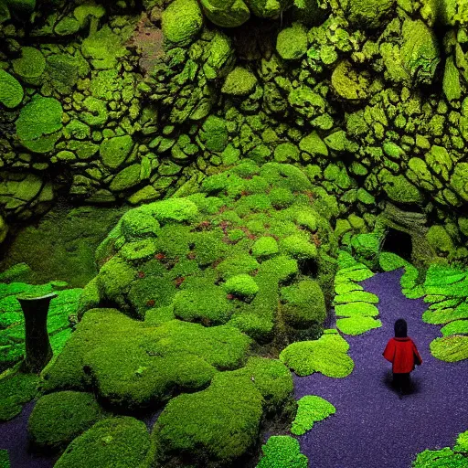 Prompt: a lone medieval traveler standing in a colorful fungus garden in a cave, birds eye view, hiroo isono, dark!!!!!, foggy, cavern, underground!!!!, beetles running through the moss, psychedelic, river running through it