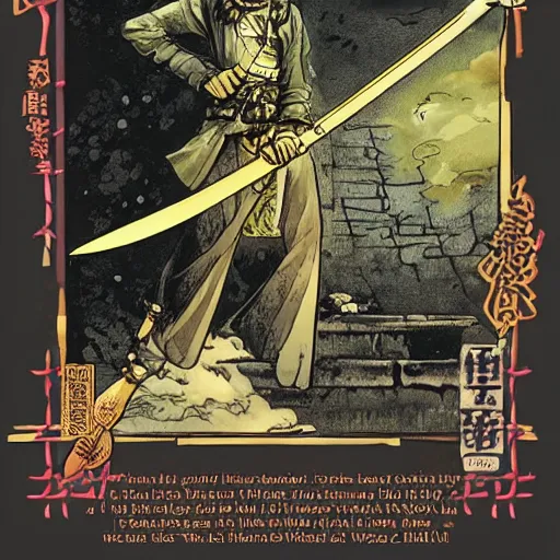 Image similar to 22 year old Frank Zappa golden Vagabond magic swordsman glides through a beautiful battlefield magic the gathering dramatic esoteric!!!!!! pen and ink!!!!! illustrated in high detail!!!!!!!! by Hiroya Oku!!!!! Written by Wes Anderson graphic novel published on shonen jump 2002 award winning!!!!