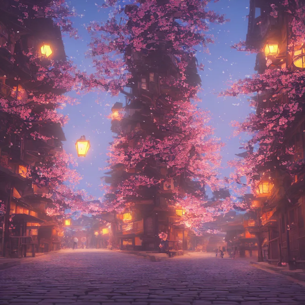 Image similar to Japanese street at night, cherry blossom petals, highly detailed, 3D render, digital art, artstation, 8K photography, matte photo-realistic, vivid colors, moody cool temperature, by Hayao Ghibli Miyazaki, breath of the wild style