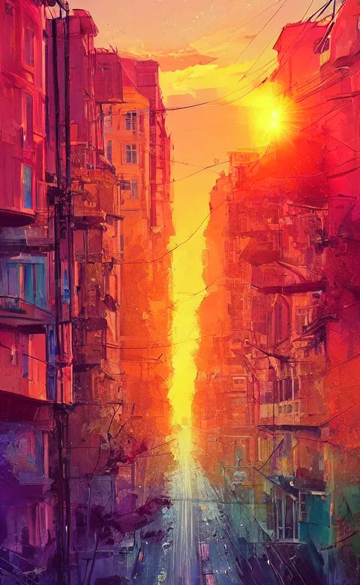 Image similar to a beautiful illustration of sofia bulgaria at sunset, art of alena aenami, featured on artstation, vertical orientation, paint brush strokes, expressionism, brushstroke - laden, breathtaking clouds, traffic lights, wet concrete, beauttiful stars, cables, long exposure, gigantic sun, airy theme, red purple gradient, lens flare