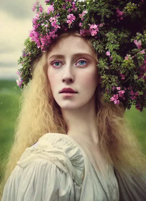 Image similar to kodak portra 1 0 0 photo medium portrait of a pre - raphaelite blond beautiful woman, dress in flowers, dreamy mood, fine art photography in style of nicholas fols, 1 5 0 mm, emotionally evoking, head in focus, stormy clouds outdoor, matt mute colour background, volumetric lighting, hyper realistic, ultra detailed