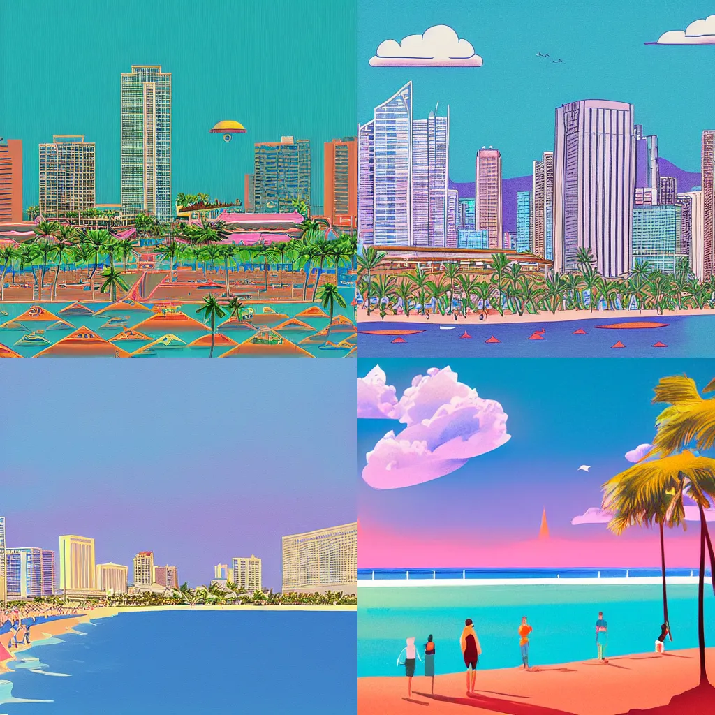 Prompt: Waikiki Beach skyline, drawn by James Gilleard, by James Gilleard