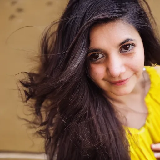 Image similar to close up portrait of a beautiful, attractive brown hair woman, wearing a yellow sundress, in downtown Los Angeles