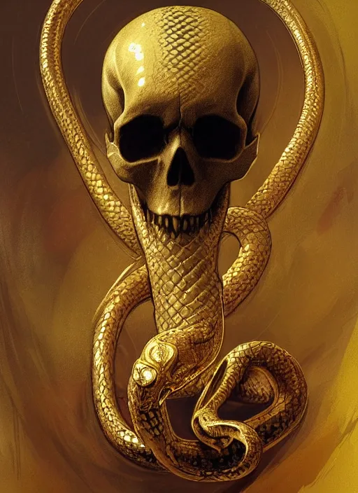 Prompt: A skull with a gold snake slithering around it, highly detailed, digital painting, artstation, concept art, sharp focus, illustration, art by greg rutkowski and alphonse mucha