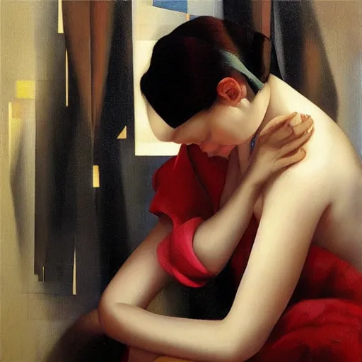 Prompt: listening, art by bofeng lin, tamara de lempicka, wlop