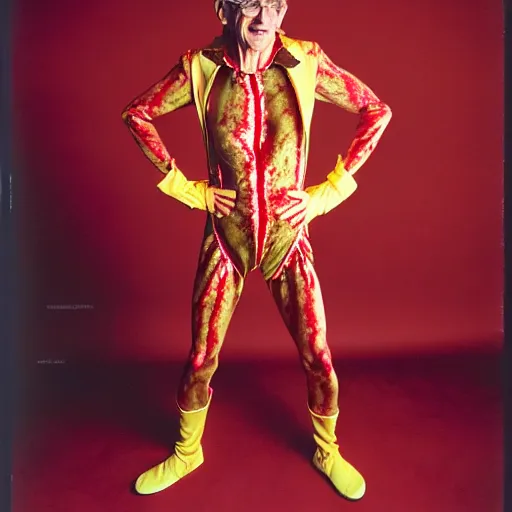 Image similar to uhd photorealisitc candid photo of anthony fauci wearing a bloody slim goodbody costume. correct coostume. correct face, accurate face. photo by annie leibowitz and steve mccurry