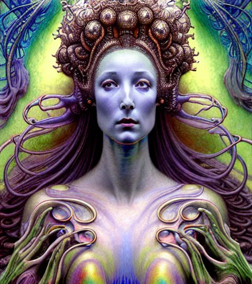 Prompt: detailed realistic iridescent beautiful young cher cyber alien fractal queen of mars portrait by jean delville, gustave dore and marco mazzoni, art nouveau, symbolist, visionary, baroque. horizontal symmetry by zdzisław beksinski, iris van herpen, raymond swanland and alphonse mucha. highly detailed, hyper - real, beautiful