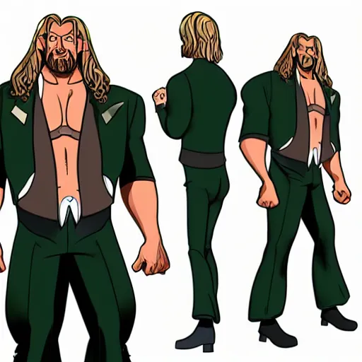 Image similar to Full body picture of Triple H as a Disney character in his in-ring gear, Disney, cartoon, Disney style, 2d, drawn image, beautifully drawn, Disney 2d animation still