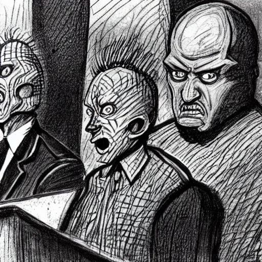 Prompt: beavis freddy krueger pinhead testifying in court, detailed faces