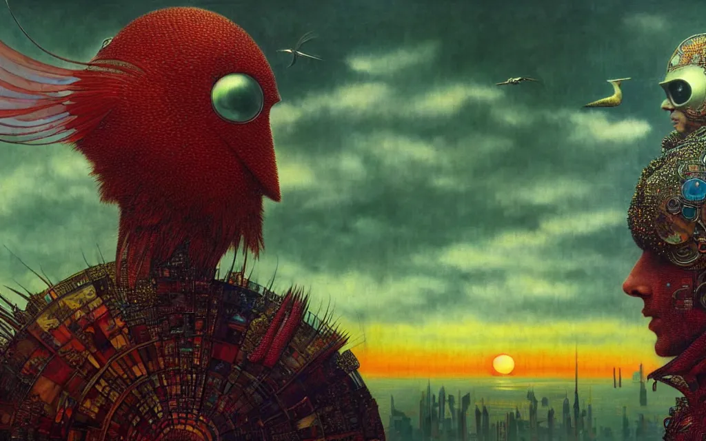 Image similar to realistic detailed portrait movie shot of a birdman wearing dark robes, futuristic city sunset landscape background by denis villeneuve, amano, yves tanguy, alphonse mucha, ernst haeckel, max ernst, roger dean, rich moody colours