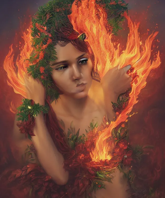 Prompt: tarot pele hawaiian fire goddess holding molten fire lava elemental in cauldera of volcano, wreath of anthuriums around her head and waist. | by charlie bowater and titian and artgerm | photoreal, face, fantasy art | 8 k | intricate | lifelike | highly detailed | cinematic | featured on artstation