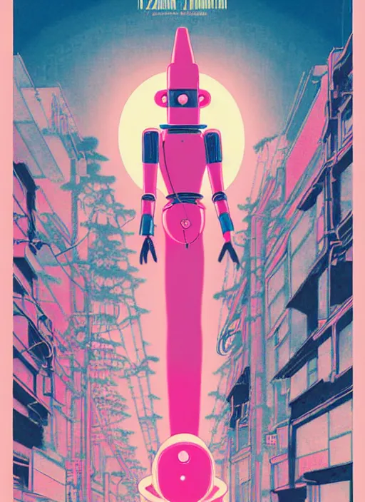 Image similar to a movie poster for a film based on the song Yoshimi battles the pink robots, part 1. by the band the flaming lips; artwork by Hiyao Miyazaki and studio Ghibli; a Japanese girl is fighting a gigantic evil Pink Robot in an alley in Tokyo; incredibly detailed artwork by James jean, Phil noto, Jon Foster, studio Ghibli