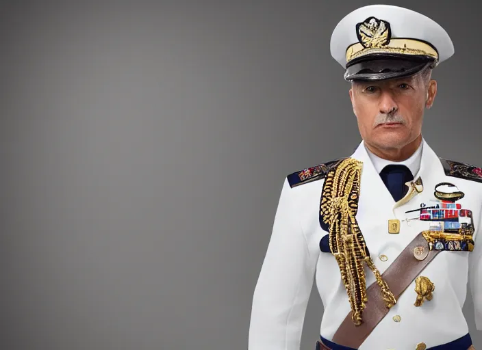 Image similar to proud general wearing a white naval general uniform, no medals, no epaulettes, his arms are behind his back, ultra realistic, 4 k, movie still, uhd, sharp, detailed, cinematic, render, modern