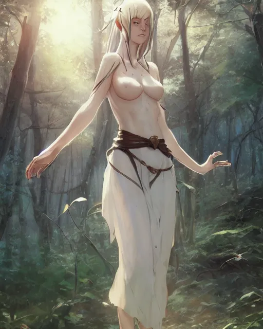 Image similar to a white tribeswoman standing in the woods. By Makoto Shinkai, Stanley Artgerm Lau, WLOP, Rossdraws, James Jean, Andrei Riabovitchev, Marc Simonetti, krenz cushart, Sakimichan, D&D trending on ArtStation, digital art.