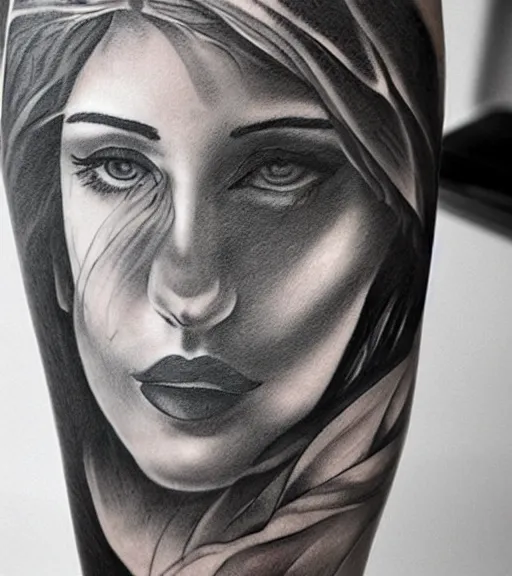 Prompt: tattoo design sketch of a beautiful woman face against a background of lago di sorapis, hyper - realistic, in the style of den yakovlev, amazing detail, black and white