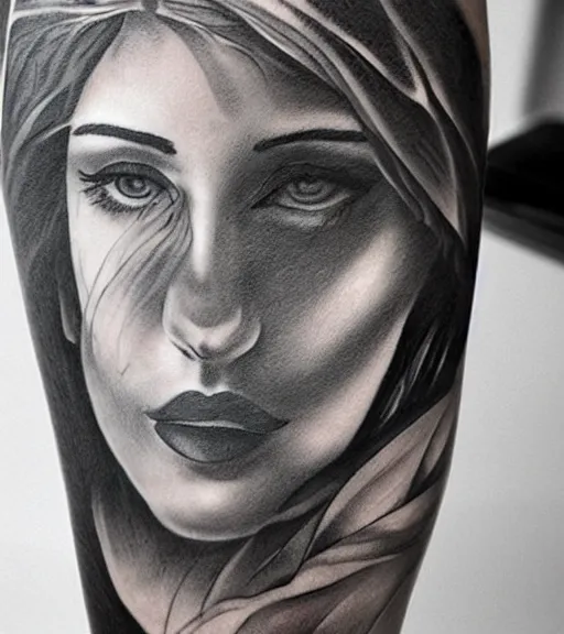 Image similar to tattoo design sketch of a beautiful woman face against a background of lago di sorapis, hyper - realistic, in the style of den yakovlev, amazing detail, black and white