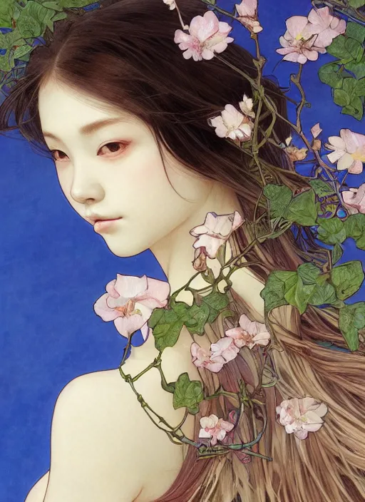 Prompt: breathtaking Female Portrait by Miho Hirano, ilya kuvshinov, alphonse mucha, realistic, detailed, blue, green tonalities, beautiful collage technique including flora, branches, birds, butterflies, ornate background, beautiful Fantasy detailed trending on artstation, oil painting,Dramatic lighting, ethereal , high quality print, fine art with subtle redshift rendering