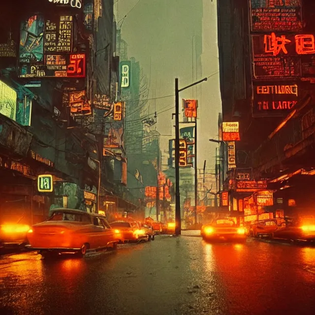 Image similar to kodachrome photograph, saturated photo, 1 9 6 7 dystopian cyberpunk city during a melancholy rainy night