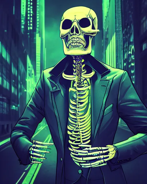 Prompt: dramatic cyberpunk portrait of a skeleton in a suit, color glow, intense shading