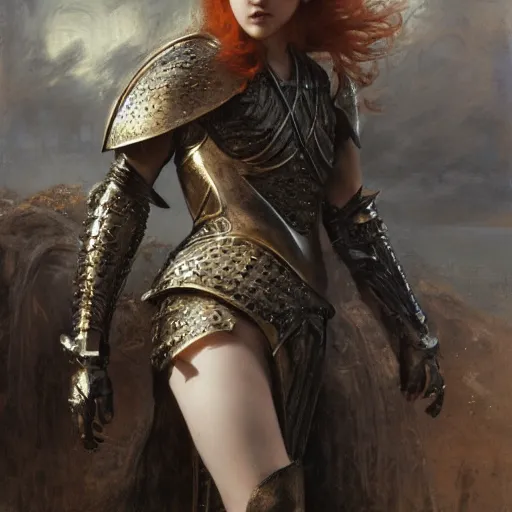 Image similar to young redheaded florence pugh, wearing black ornamented medieval armour, detailed, by gaston bussiere, bayard wu, greg rutkowski, giger, maxim verehin, greg rutkowski, masterpiece, sharp focus,