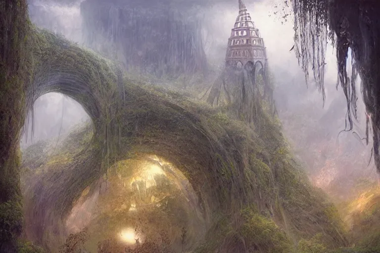 Prompt: hallucination of Himeji Rivendell overlooks the Garden of Eden, amazing concept painting, by Jessica Rossier by HR giger by Beksinski, by brian Froud