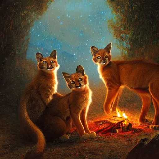 Image similar to three cute caracals wearing red ties with guitar, campfire, night, atmospheric lighting, intricate, volumetric lighting, digital art, highly detailed by gaston bussiere, craig mullins, j. c. leyendecker 8 k