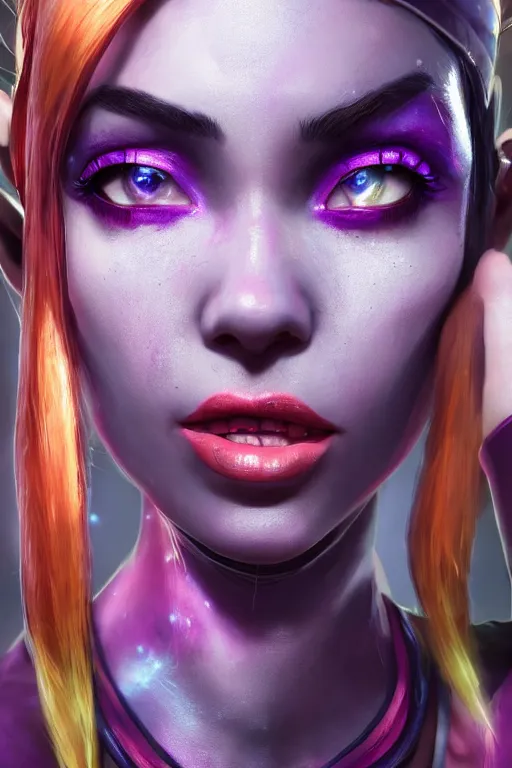 Image similar to ultra realistic facial portrait of jinx from league of legends, digital art, character portrait, highly detailed, trending on artstation, lens flare, atmosphere, hyper realistic, cinematic lightning, sharp focus, unreal engine 5, extreme details perfect face, pretty face, fine - face, illustration, 8 k, ultra texture, masterpiece